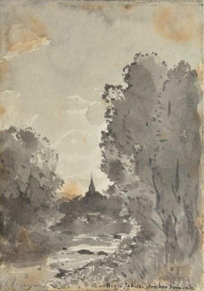 HARPIGNIES Henri Joseph, 1819-1916 Arbres au bord de l'eau au clocher Lavis d'encre...