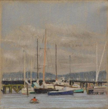 INNES William Henry, 1905-1999 Voiliers au port Pastel sur papier gris, signé en...