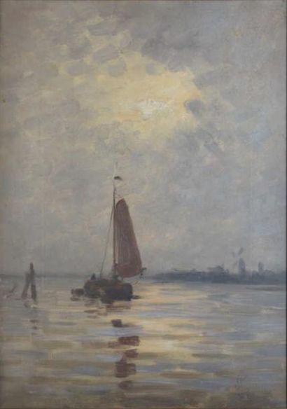 STENGELIN Alphonse, 1852 1938 Clair de lune sur la mer, Hollande Huile sur toile...