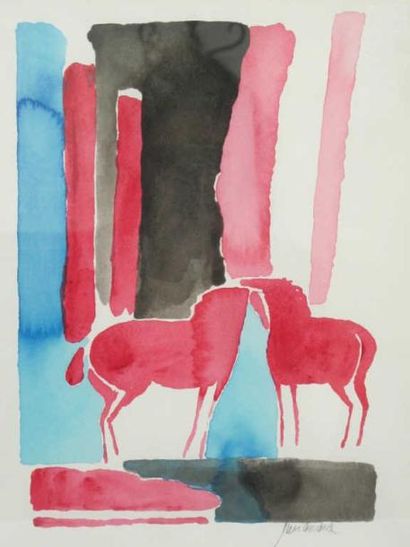 Paul GUIRAMAND (1926-2007) Deux chevaux rouges Aquarelle, signée en bas à droite...
