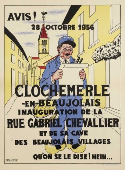 null DUFOUR . AVIS! CLOCHEMERLE EN BEAUJOLAIS 1956 imp. La Marseillaise entoilée...
