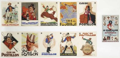 null POSTILLON ensemble 11 affichettes présentées sur même entoilage dont POULBOT...