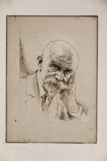 CHAHINE Edgar (1874 - 1947) Portrait de J.K. Huysmans. Pointe sèche. Signé en bas...