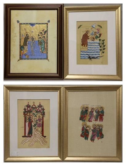 SETRAKIAN Anaïd Suite de quatre peintures à l'huile sur tissus figurant des reproductions...