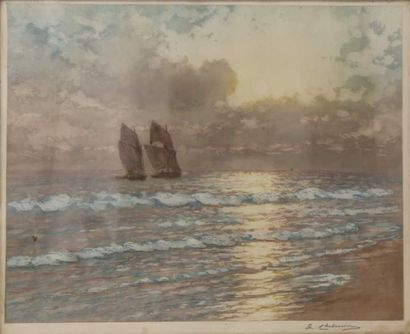 CHABANIAN Arsène (1864-1949) Bord de mer en Bretagne. Aquatinte sous verre, signée...
