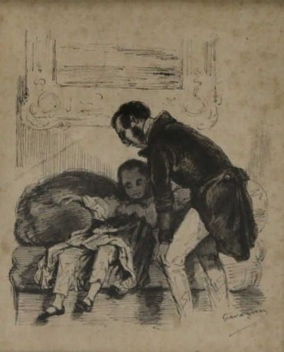 GAVARNY Pierre (1846-1932) Encre et fusain, L'heure de la sieste. 16 x 13 cm