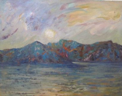 MUTAFIAN Zareh (1907-1980) Coucher de soleil sur le lac Sevan. Huile sur toile, signée...