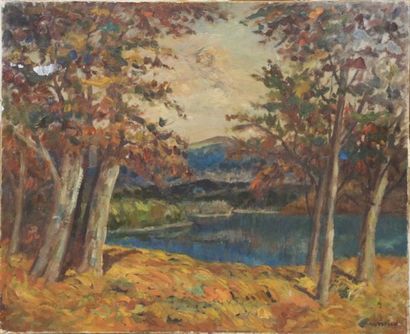 MUTAFIAN Zareh (1907-1980) Paysage sur le lac de Sevan. Huile sur toile, signée en...