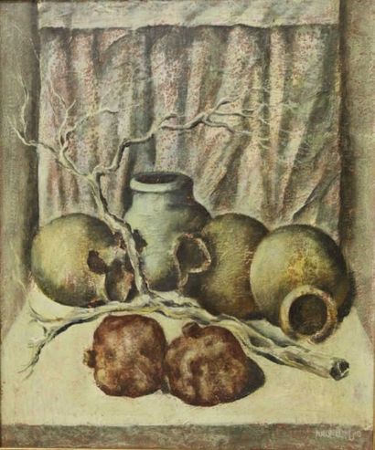 KATCHADOURIAN (XXe) Nature morte de poteries et grenades.Huile sur toile, signée...