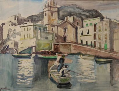 MANILLIER Georges (1906-1981) Pêcheurs sur une barque dans un port. Aquarelle. 55...