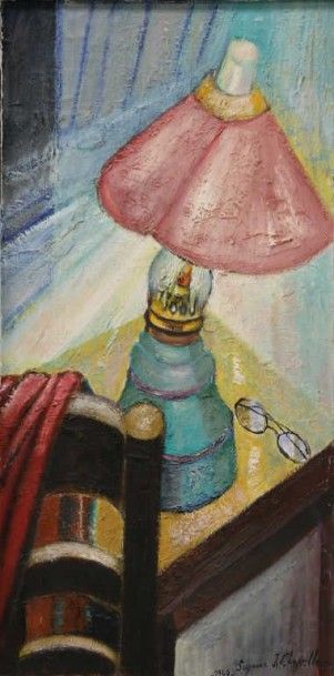 CHAPELLE Suzanne J (1919) Lampe à l'abat jour rose, signé, daté 1959. 30x80cm.