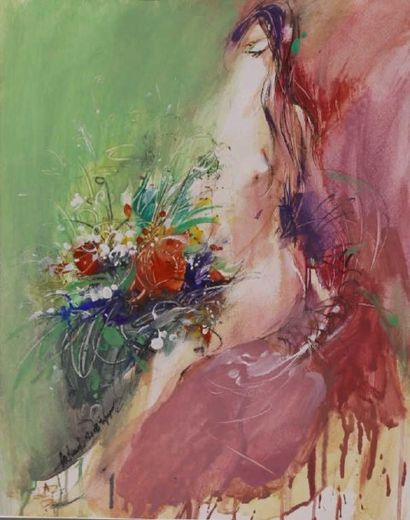 MKRTCHIAN Artouche (1953) Femme au bouquet. Gouache sur papier, signée, datée 2002....