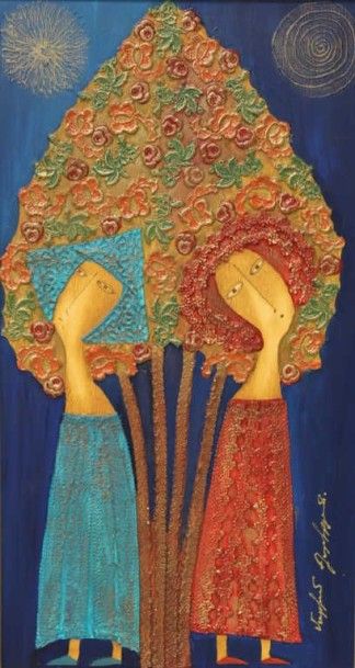 GHARIBIAN Mariam (XXe) Deux femmes devant un arbre, huile sur toile. 56 x 30 cm
