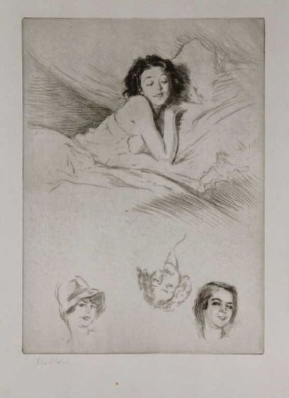 CHAHINE Edgar (1874 - 1947) Mitsou, Rêveuse. Gravure. Signé en bas à gauche 22 x...