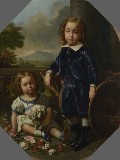 null Eusebe CAZALS(? 1838-Toulouse,1921)Portrait de deux enfants probablement de...