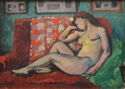 null GERNEZ Paul Élie, 1888-1948, Nu au divan rouge, huile sur toile, signée en bas...