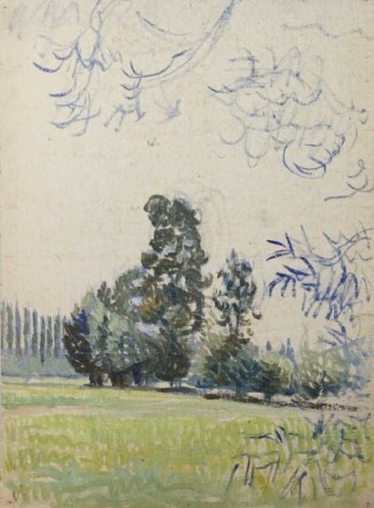 null Lucien OTT (1870-1927) Paysages. 2 dessins à la pierre noire et 1 huile sur...