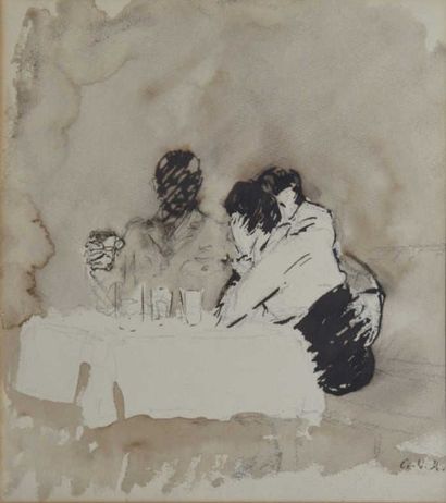 null HUGO Georges-Victor, (1868-1925), Au café, plume et lavis d'encres noire et...