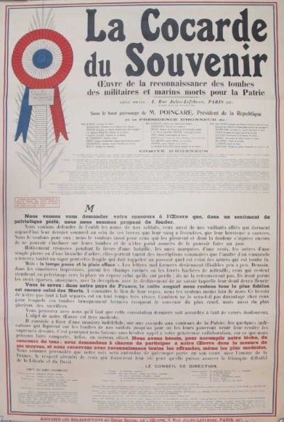null La Cocarde du Souvenir, affiche non entoilée, imprimerie J.Langlois Paris, dim:...