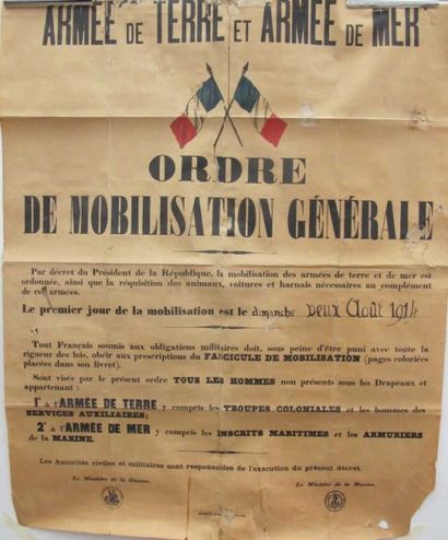 null Ordre de mobilisation générale, 2 août 1914 72 x 84 cm mauvais état