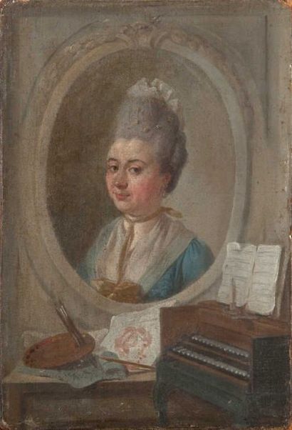 null TABLEAU ANCIEN ECOLE FRANCAISE du XVIIIème, portrait de femme au clavecin et...