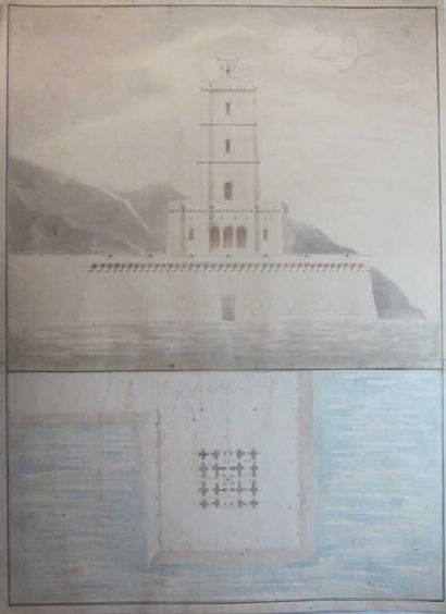 null DESSIN Attribué à DUFOURNY (1760-1818), signé au dos. Aquarelle. Projet de phare,...