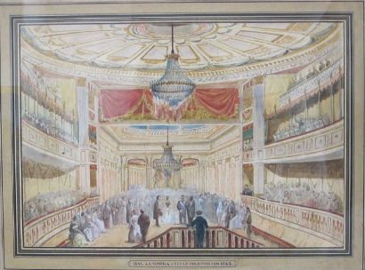 null DESSIN ECOLE ROMANTIQUE DU XIXe siècle. Bal à l'Opéra, rue Le Peletier, 1843....