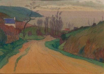 null TABLEAU MODERNE CH.GUILLOUX (1866-1946). La pointe du Roselier. Crayons gras,...