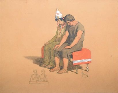 null TABLEAU MODERNE LEROUX Auguste, 1871-1954, Couple indien sur un banc, aquarelle...