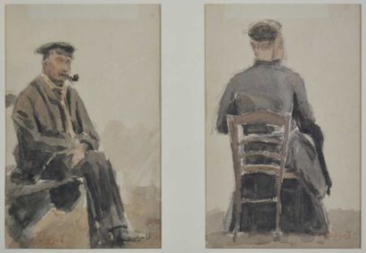 null DESSIN HAYET Louis, 1864-1940, Paysans, deux aquarelles sous un même montage...