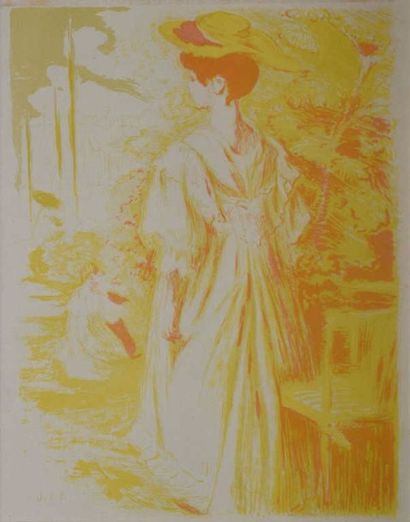 null TABLEAU MODERNE BLANCHE Jacques Émile, 1861-1942, Jeune fille au jardin, lithographie...