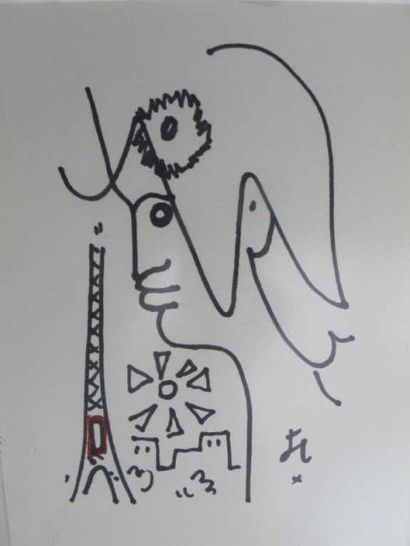 null LIVRE COCTEAU (Jean). Profil de Marianne avec Tour Eiffel. Dessin au feutre...