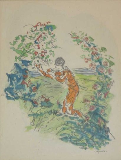 null DESSIN LAPRADE Pierre, 1875-1931, Arlequin cueillant des roses, mine de plomb...