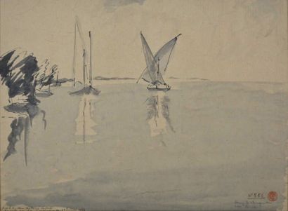 null DESSIN WAROQUIER Henri de, 1881-1970, Voiles sur le lac Léman, plume et lavis...