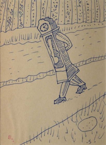null DESSIN SOUZOUKI Ryozo, 1898-1958, Homme-pendule, encre bleue sur papier beige,...