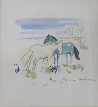 null DESSIN BRAYER, Yves (1907-1990): Les Chevaux de Camargue. Dessin à l'aquarelle....