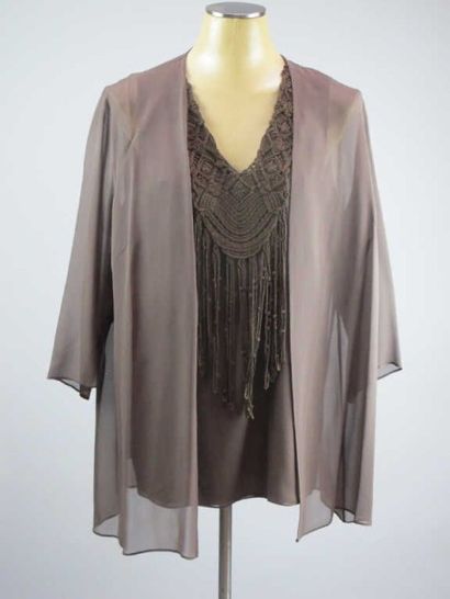 null Marina Rinaldi. Ensemble top et veste mousseline de soie marron, taille 21....