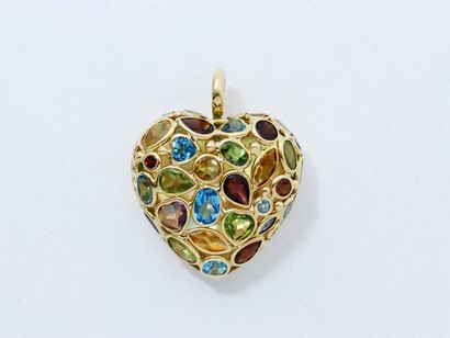 null Pendentif en or 18 K stylisant un cœur ajouré décoré d'une mosaïque de pierres...