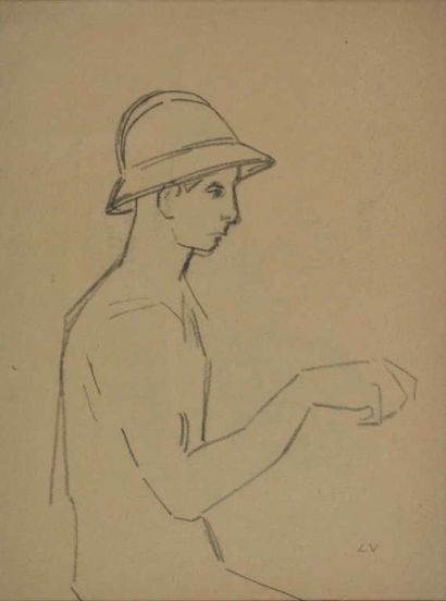 VALTAT LOUIS (1869-1952) Figure au chapeau. Crayon noir sur papier beige. Cachet...