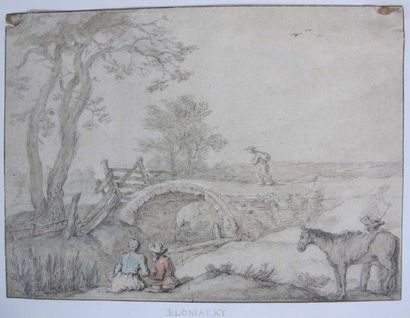 BLOMAERT A. (1564-1651) Paysage animé, bord de rivière. Plume et lavis. 17,5 x 24...