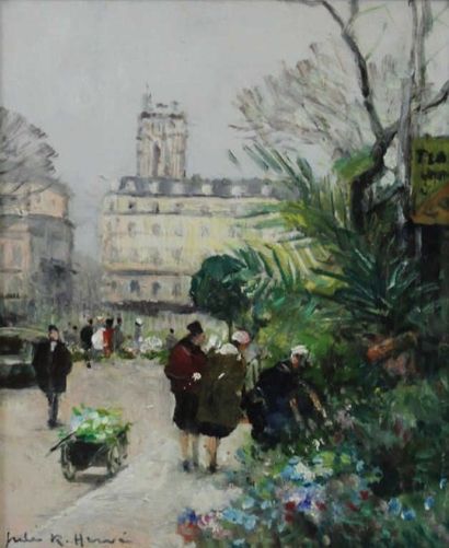 HERVE JULES RENÉ (1887-1981) Marché aux fleurs à Paris. Huile sur carton. Signée...