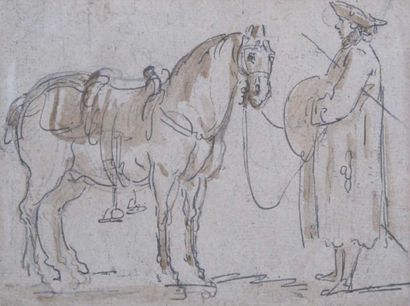 ROBERT Hubert (1733-1808) Etude de cheval et son cavalier. Encre et lavis de brun...