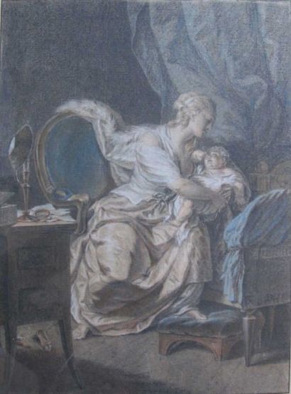Ecole Française du XVIIIème siècle Intérieur avec femme et enfant. Pierre noire et...