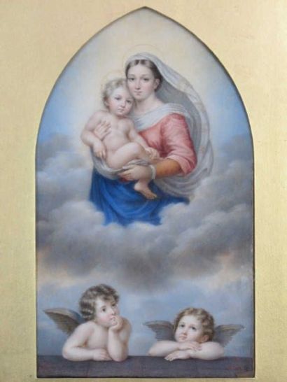 TROIVAUX Jean Baptiste Désiré (1788-1826) Vierge à l'enfant d'après Raphael. Gouache...