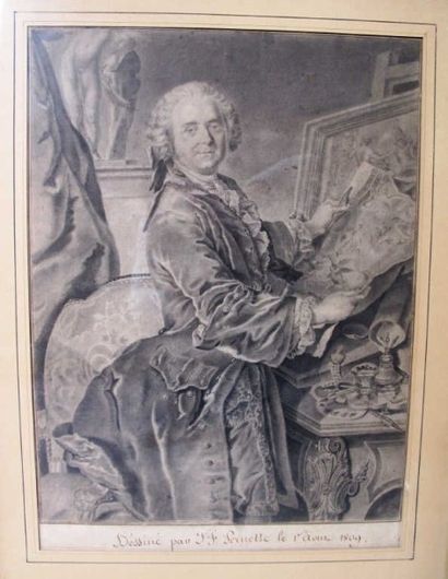 J.F PERNETTE Portrait en pied de Jean-Baptiste Massé. Pierre noire sur papier, signée...