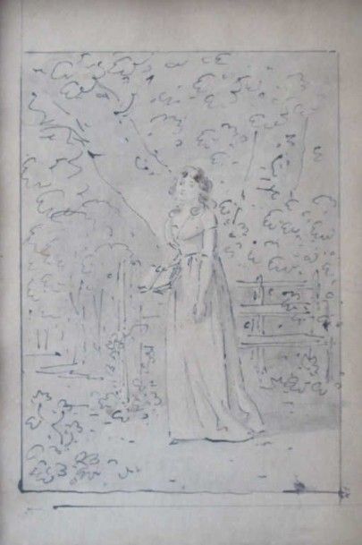 ECOLE FRANCAISE DU XIXème siècle Jeune femme dans un parc. Plume et lavis, en bas...