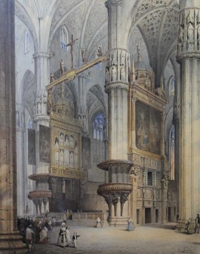 GILIO Carlo (mort en 1841) Vue de l'intérieur de la Cathédrale de Milan. Aquarelle...