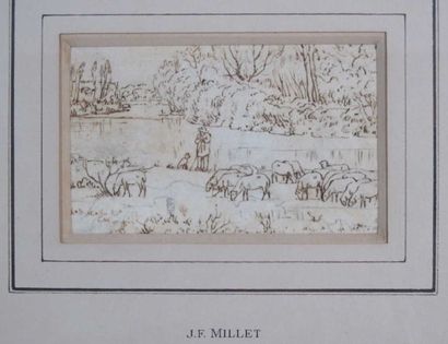 Attribué à Jean François MILLET (1814-1875) Paysage pastoral. Encre brune. 8,5 x...