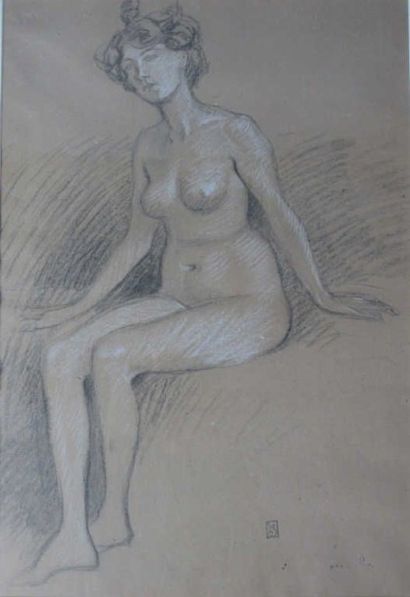 STEINLEN (1859-1923) Femme nue. Pierre noire et craie blanche. Monogrammée cachet....