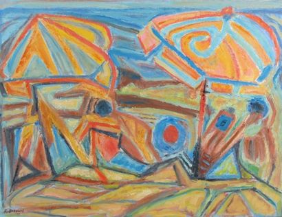 ROGER BRAVARD(1923-2015) Les parasols. Huile sur toile, signée, datée 2011.52 x 66...